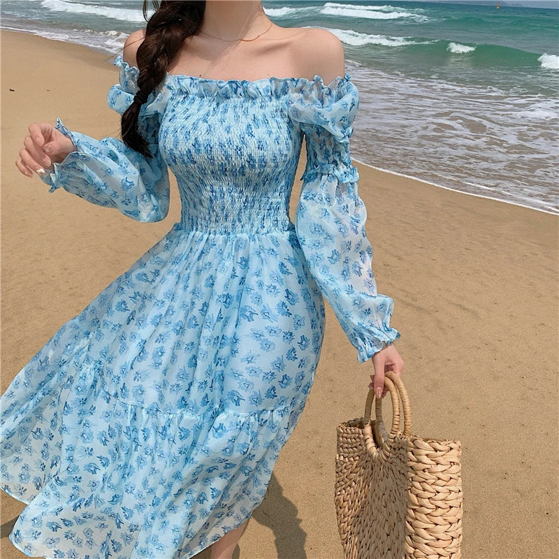 vmtvr Design Floral Dress Women Summer Puffer Sleeve Beach One Piece Dress Korean Elegant Vintage Dress Female Chic Square Collar