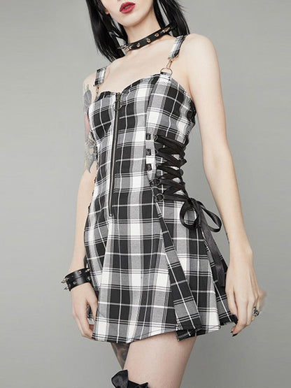 vmtvr Gothic Plaid Bandage Black Blue Dress Women Vintage Sleeveless Zipper Sexy Mini Dress Punk Aesthetic Summer A Line Dress