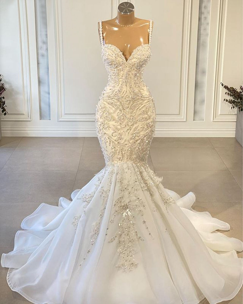 Luxury Mermaid African Women Wedding Dresses 2023 Beaded Embroidery Sexy White Vintage Lace Organza Bridal Wedding Gown