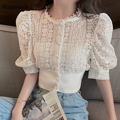 Summer Blouse Women Korean Hollow Out Lace White Women Shirt   New Short Sleeve Button Loose Shirts Solid Female Tops 13607