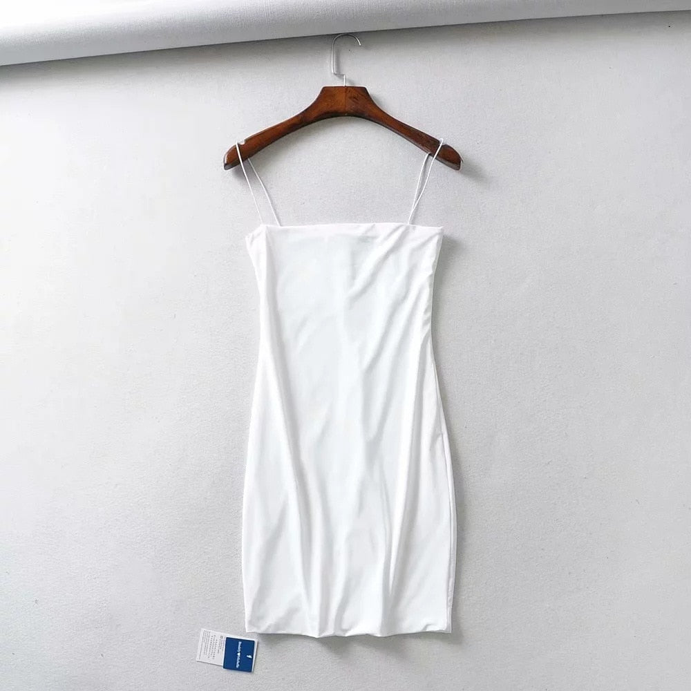 vmtvr - 2023 Summer Sexy Tight-Fitting Suspender Dress Female Solid Color Basic Stretch Bag Hip Short Dress White Mini Dress  S774