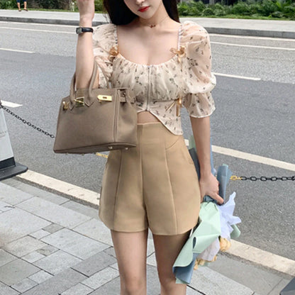 vmtvr Puff Sleeve Floral Chiffon Blouses Women Summer Short Korean Design Fairy Shirts Tops Casual Chic Evening Party Y2k Clothes