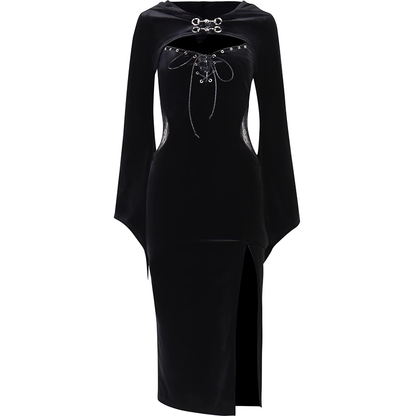 - Halloween new women's suspender dress suit hooded bell sleeve spider web dress GEU684