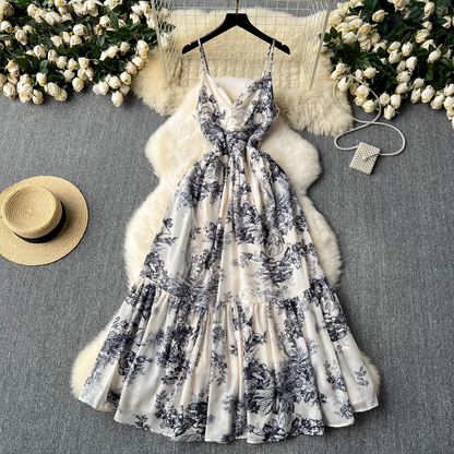 - Women's summer retro ink print suspender dress GEU1107