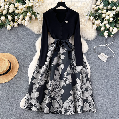 vmtvr- Autumn and winter knitted splicing jacquard puffy dress GEU533