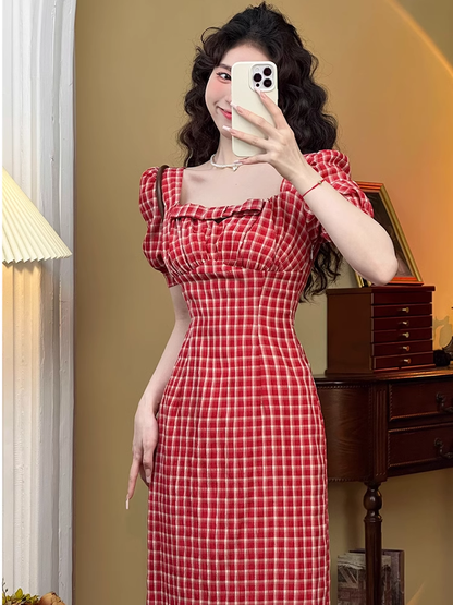 - Retro Square Neck Puff Sleeve Dress GEU1540