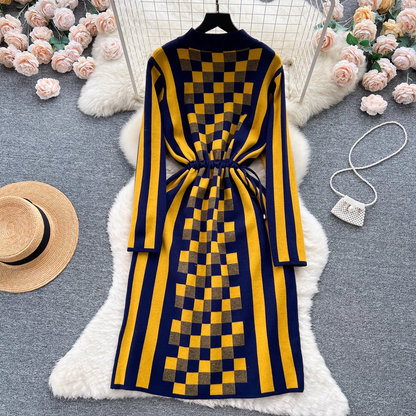 - New women's design color-blocked checkerboard drawstring waist long-sleeved knitted dress for women GEU617