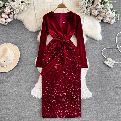 - Long-sleeved V-neck waist slimming mid-length velvet spliced sequin dress GEU828