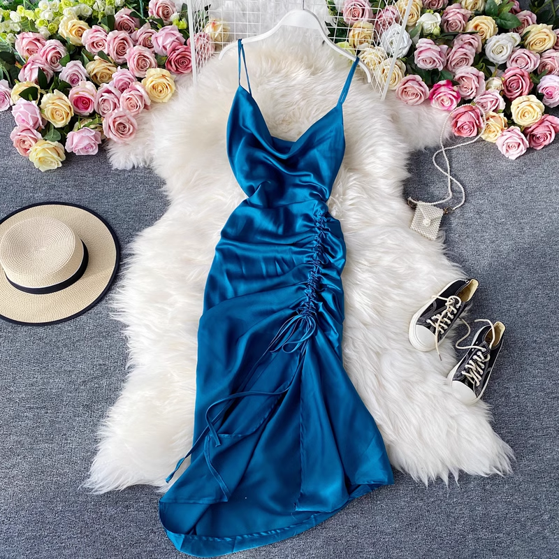 - Fashionable V-neck backless drawstring pleated satin suspender dress  GEU592