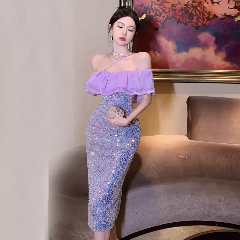 - Off The Shoulder Purple Dress  GEU1479