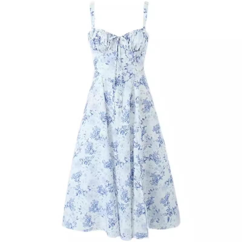 - Blue and white porcelain print mid-length slip dress GEU1283