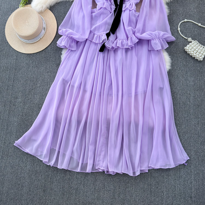 - Vintage style long sleeve bow V-neck ruffled A-line chiffon dress GEU1043