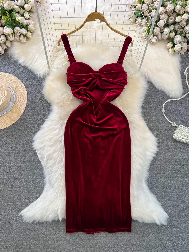 - women's mid-length velvet suspender dress GEU878