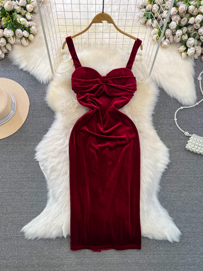 - women's mid-length velvet suspender dress GEU878