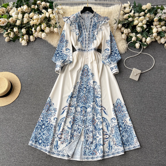 - women's printed v neck long sleeve maxi dress GEU427