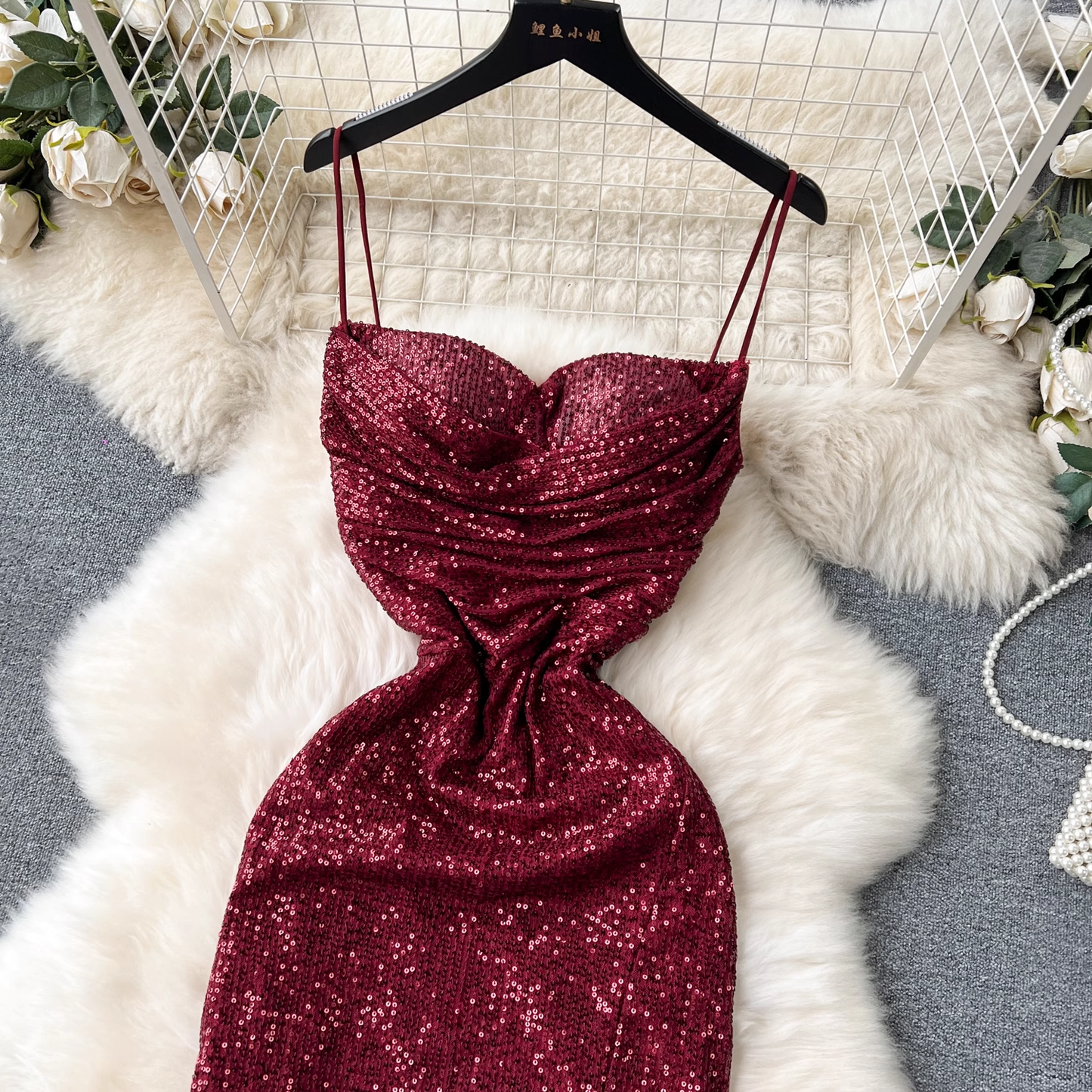 - Burgundy Sequins Dress With Split  GEU1237