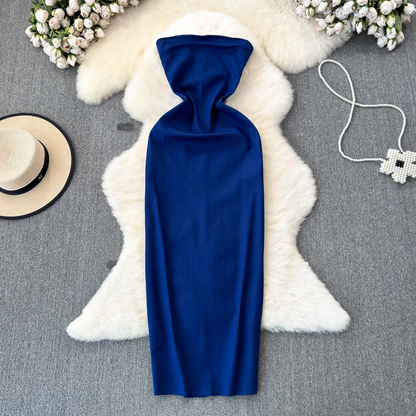 - Summer fashionable strapless mid-length slit denim dress GEU1026