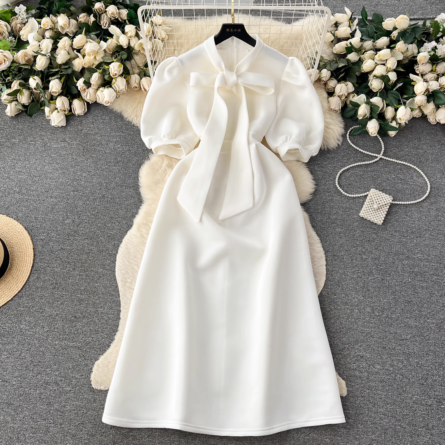 - Vintage Bow Tie Puff Sleeve Dress GEU453