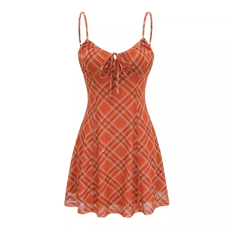 - women's summer orange plaid suspender dress GEU1287