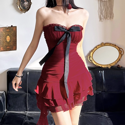 - Vintage red bow strapless dress GEU1036