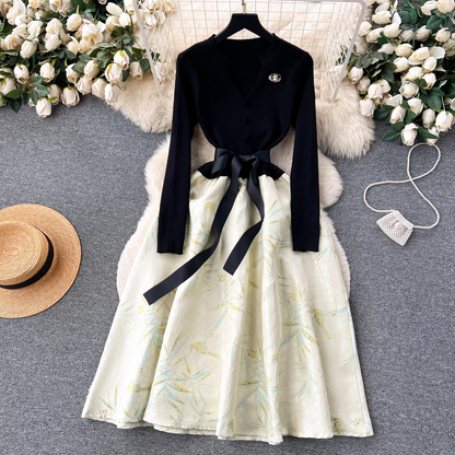 vmtvr- Autumn and winter knitted splicing jacquard puffy dress GEU533