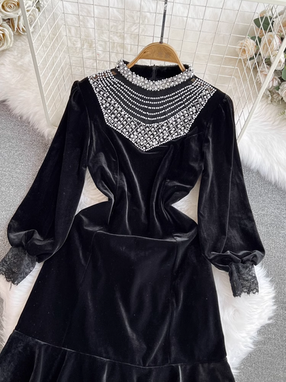 - Long-sleeve stand-collar beaded panel ruffled velvet dress  GEU1016