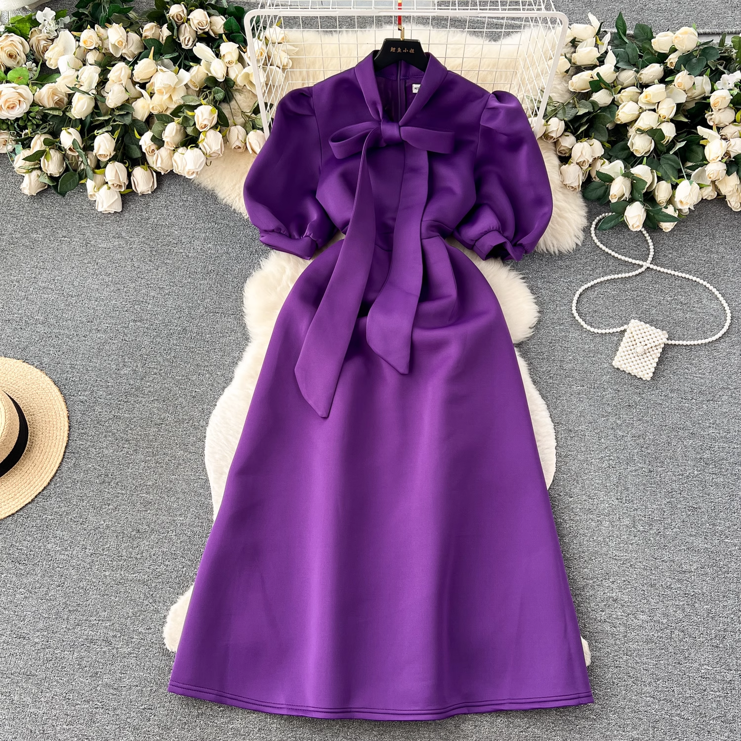 - Vintage Bow Tie Puff Sleeve Dress GEU453