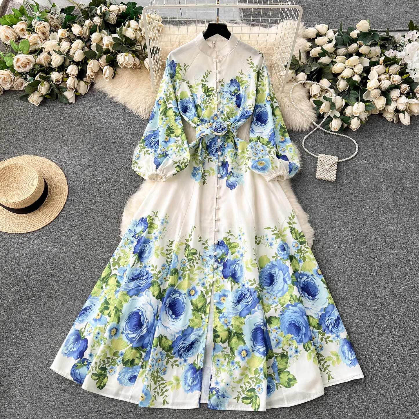 - Printed long French puff sleeve elegant dress GEU1142