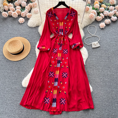 vmtvr- Embroidered V-neck drawstring waist dress for women retro ethnic style holiday dress GEU558