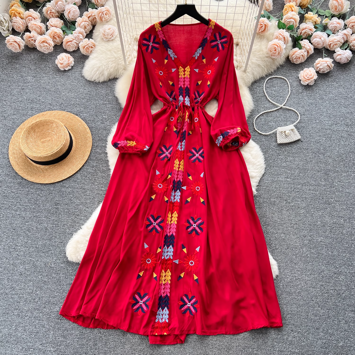 - Embroidered V-neck drawstring waist dress for women retro ethnic style holiday dress GEU558