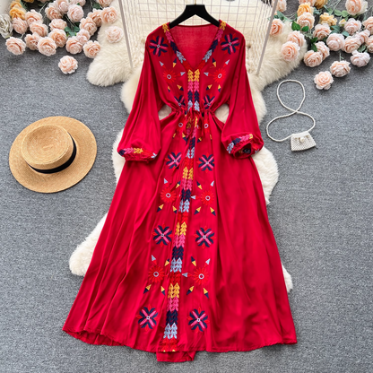 - Embroidered V-neck drawstring waist dress for women retro ethnic style holiday dress GEU558