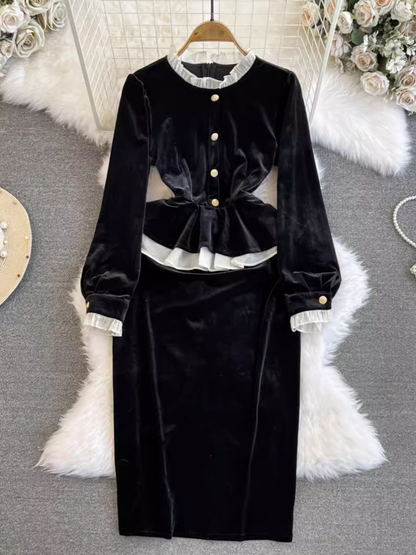- Women's fake two piece round neck velvet dress GEU1025