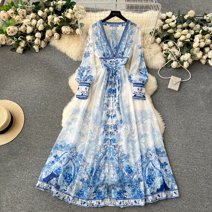 - Deep V-neck printed elegant dress GEU1205