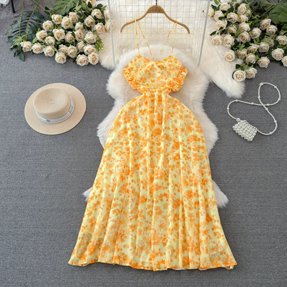 - Summer beach resort style yellow floral dress GEU1022