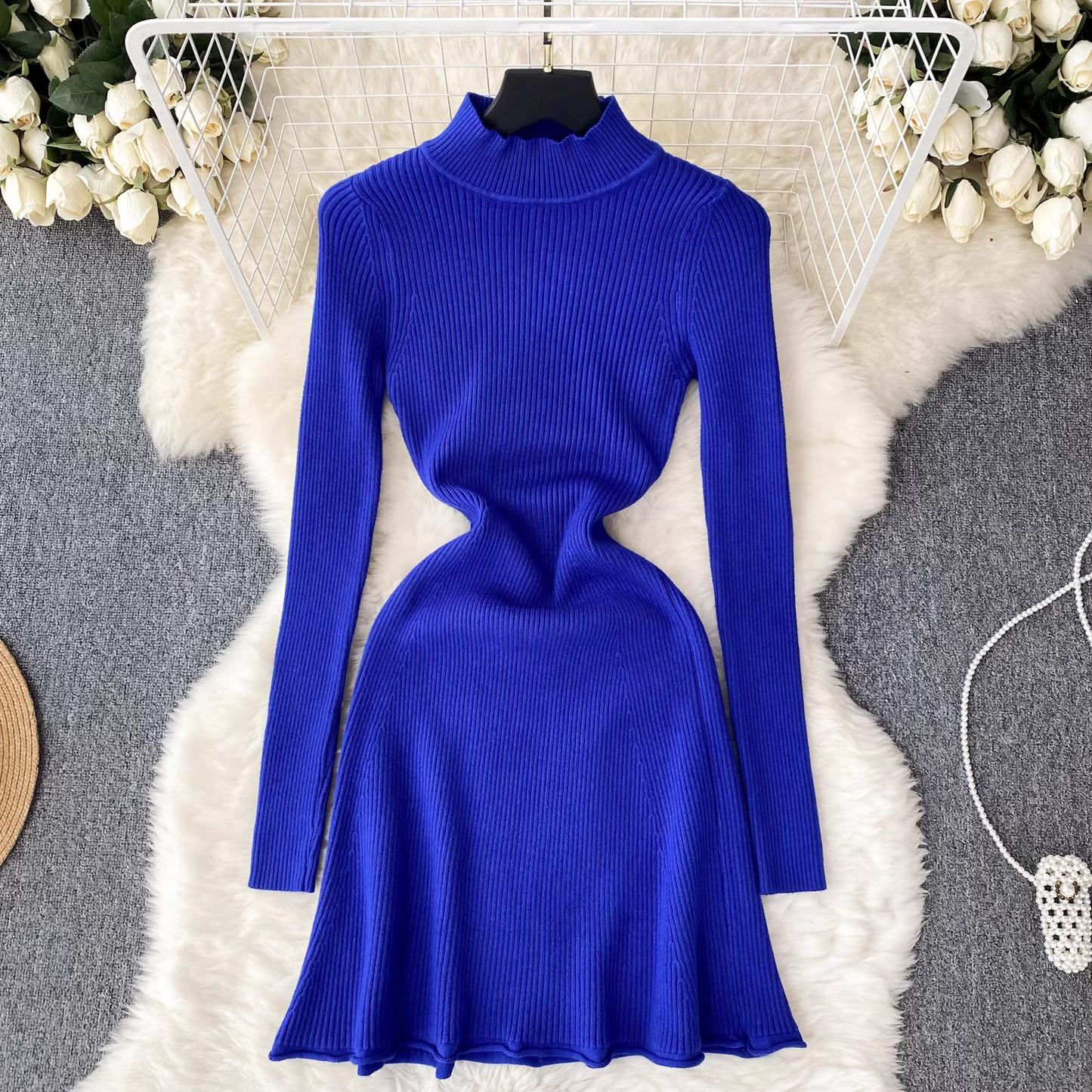 - Solid color knitted dress women's autumn and winter half turtleneck tight dress GEU514