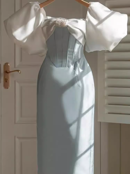 - Puff Sleeve Dress Contrast Bow Waist Dress GEU1557