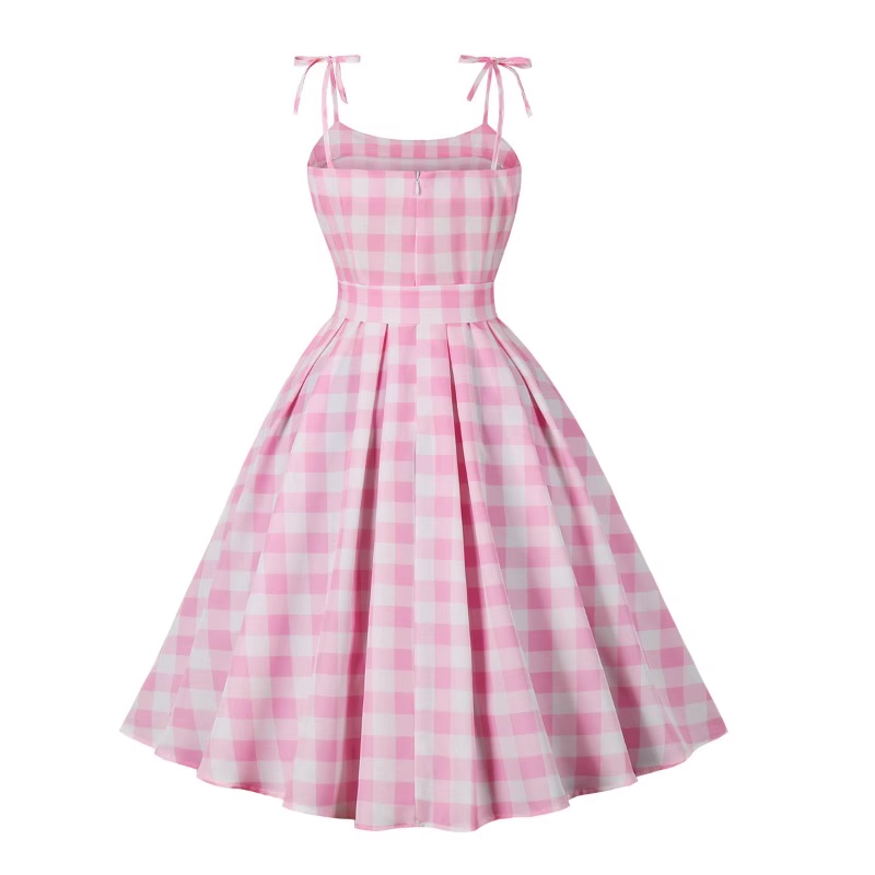 - Summer Student Sweet Barbie Pink Plaid Bow Swing Dress GEU485