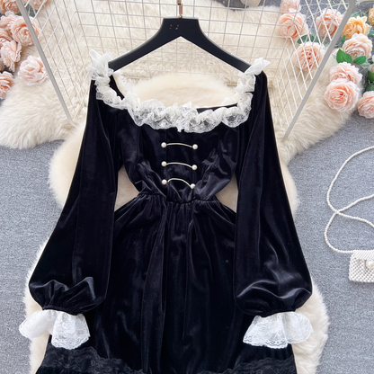 - Retro dress women's lace patchwork waist ruffle velvet dress GEU809