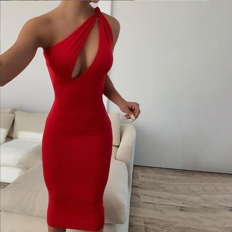 vmtvr food inspired dress to impress INS Style Summer New Women's Clothing Fashion Shoulder Sexy Hollow Slim Mid-Length Dress Women