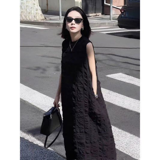 temperament round neck sleeveless vest dress women's  summer new loose texture pattern high-end exquisite long dress