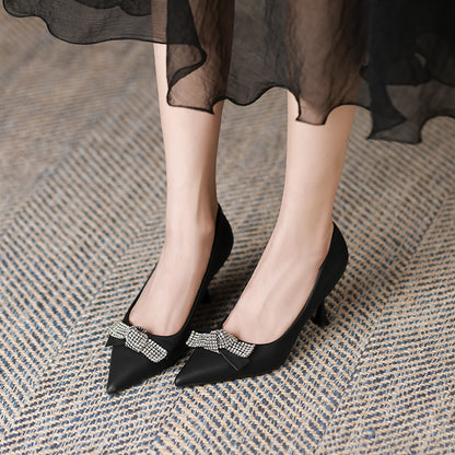2025 7198-3 Rhinestone bow high heel single shoes women's professional commuter work women's shoes pointed stiletto high heels women
