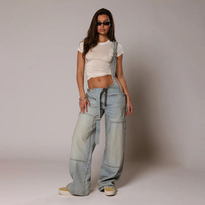 vmtvr summer outfits inspo Street Style Low Waist Suspender One-Piece Wide Leg Jeans Summer New Personalized Hot Girl Distressed Straight Trousers