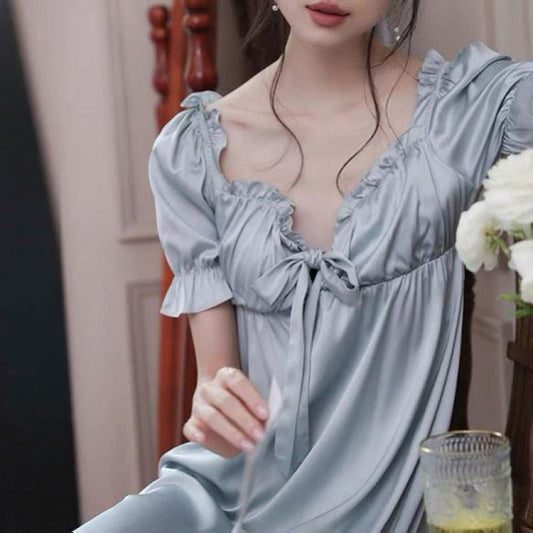 vmtvr fashion outfits Nightdress Women's Summer Ice Silk Short Sleeve 2024 New French Court Princess Style Fairy Long Pajamas Home Wear