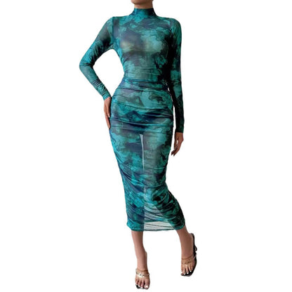 vmtvr widow dress to impress Spring New Fashionable Elastic Transparent Mesh Digital Printing Dress Sexy Hip-Wrapped Temperament Dress