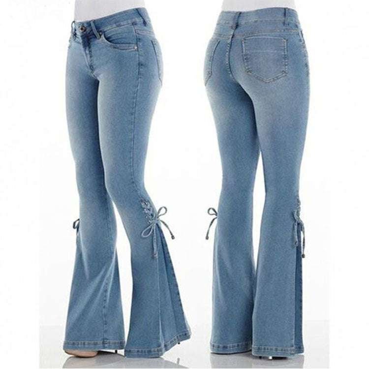 vmtvr summer outfits inspo Women's Jeans Mid-Waist Lace-up Denim Trousers Stretch Jeans Women's Flared Pants Denim