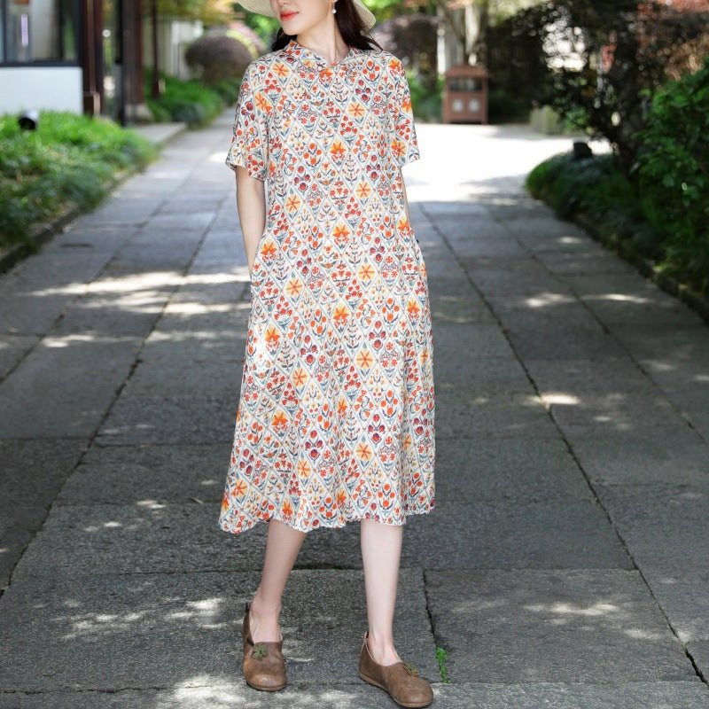 summer new cotton and linen dress travel literary retro improved cheongsam thin loose and thin dress women