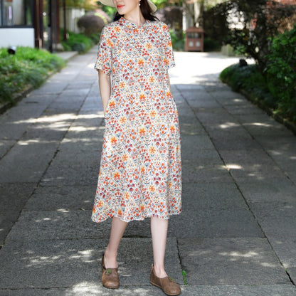 summer new cotton and linen dress travel literary retro improved cheongsam thin loose and thin dress women