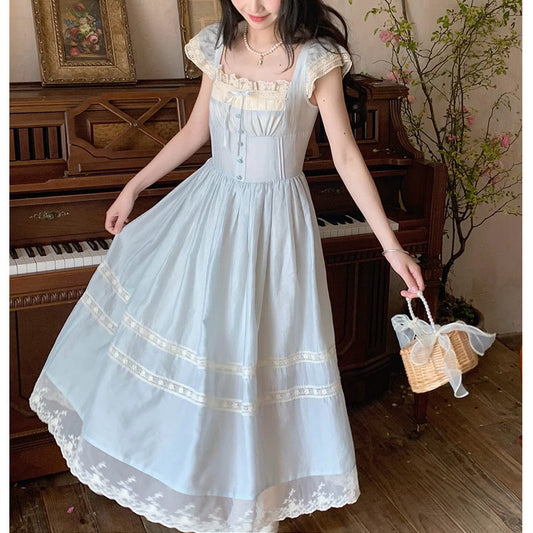 vmtvr alien invasion dress to impress 2024 Summer New French Retro Fairy Small Flying Sleeve Lace Bow Blue One-Piece Dress for Women