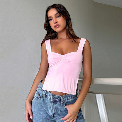 vmtvr dress to impress outfits Summer Women's Solid Color Square Collar Sling Pleated Split Backless Sexy Hot Girl Top T-shirt