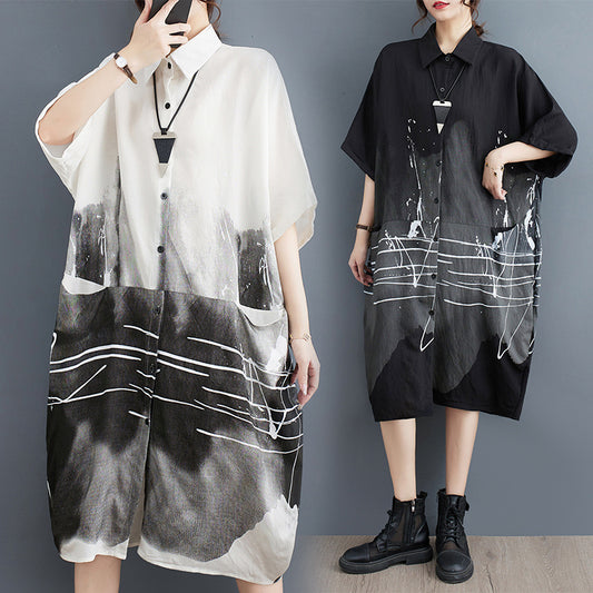 summer new Korean version fat MM large size POLO collar shirt dress medium and long casual loose type